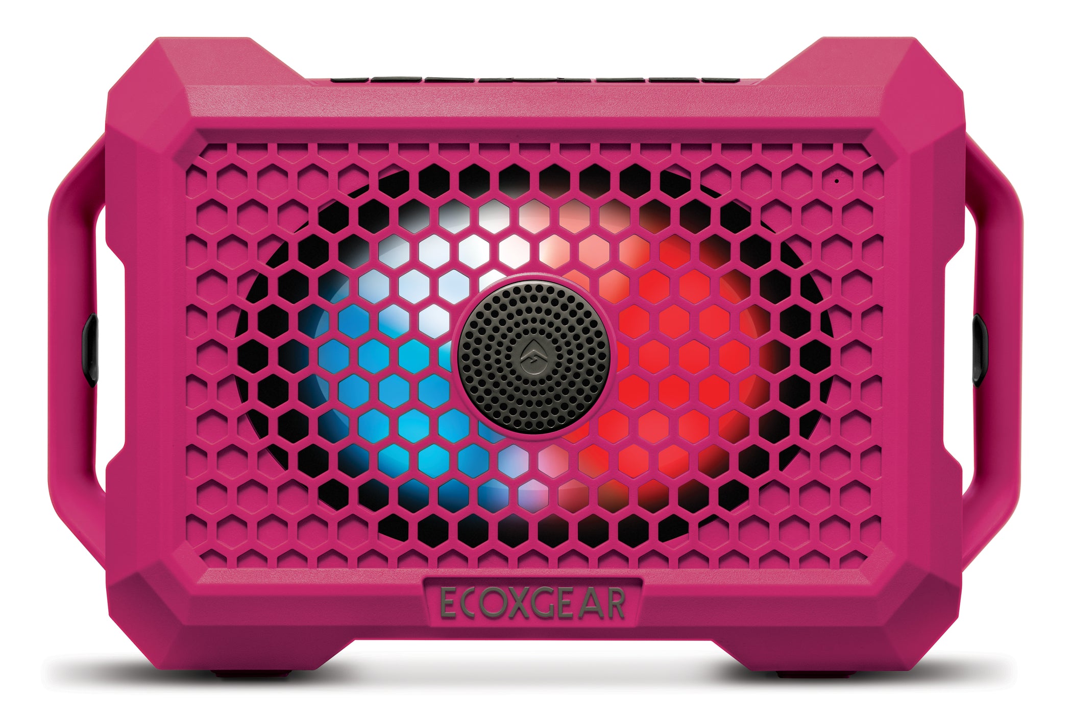 Pink ECOXGEAR Defender portable speaker with a honeycomb design on a white background